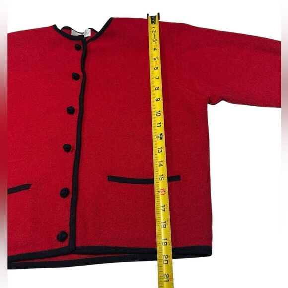 Lord & Taylor 100% Merino Wool Cropped Red Sweater Black Trim Cardigan Button Up - Picture 6 of 9